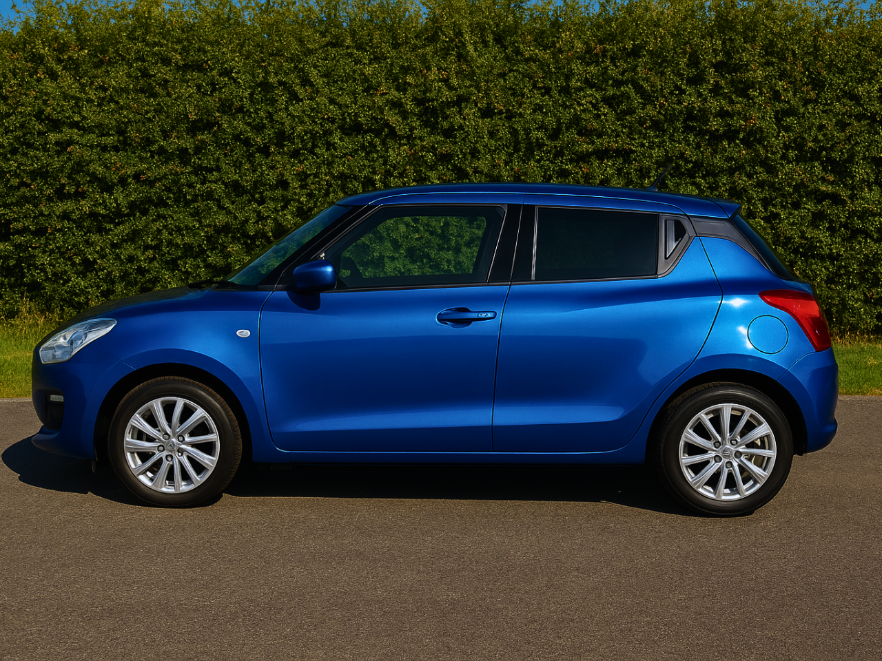Side view of a blue compact hatchback car parked on a paved road, with a background of green trees.