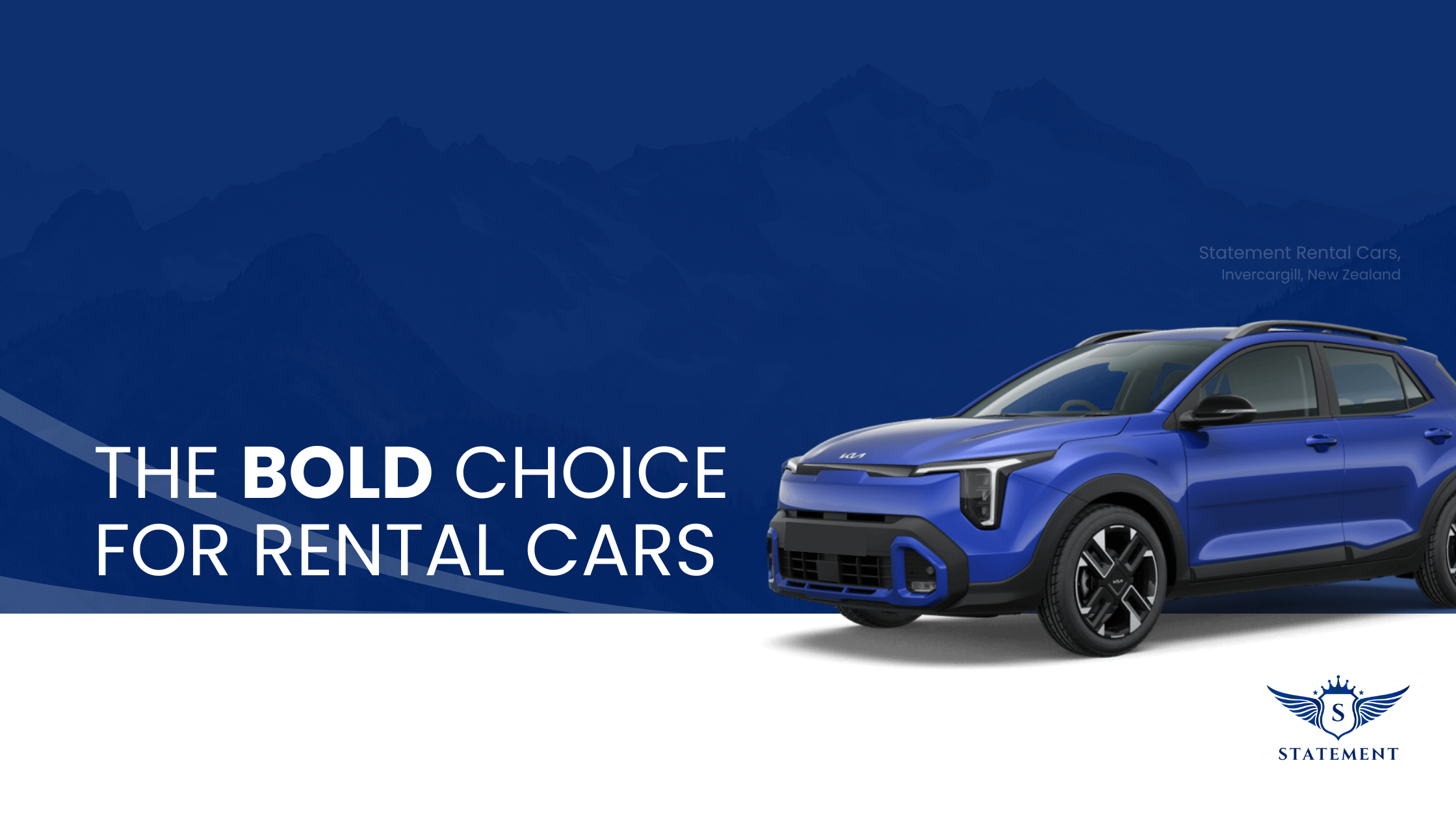 Blue compact SUV car positioned to the right of the image with mountains in the background. Text overlay reads 'The bold choice for rental cars' on a blue background. Logo with wings and a shield with an 'S' at the bottom right corner.