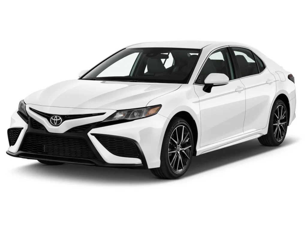 White Toyota sedan car with black alloy wheels and black accents on the front grille, set against a plain white background.