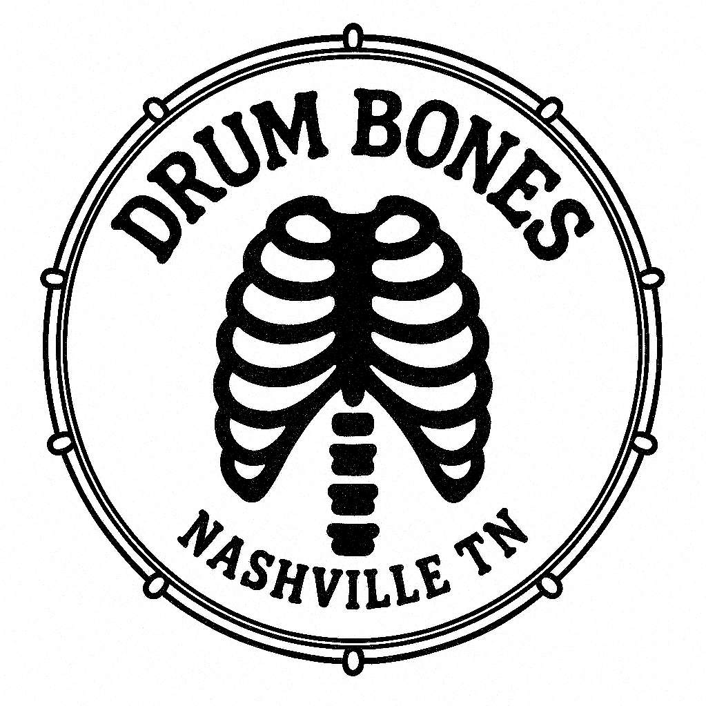 Logo with the words 'Drum Bones Nashville TN' and a stylized ribcage representing drum bones.