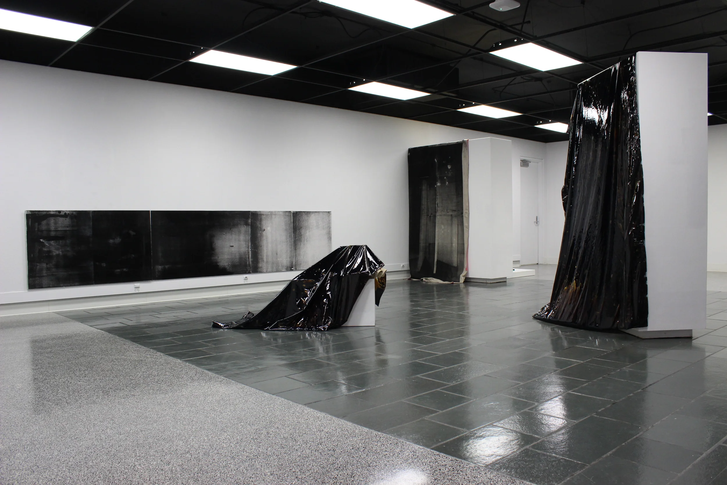 Alumna Exhibition Installation View, Ritz Gallery  3D: Liquid tar encapsulated in vinyl swimming pool liner, gallery pedestals, moveable wall, found object (lampshade)  2D: Acrylic ink, powdered toner, spray paint, iridescent powdered pigments, sati