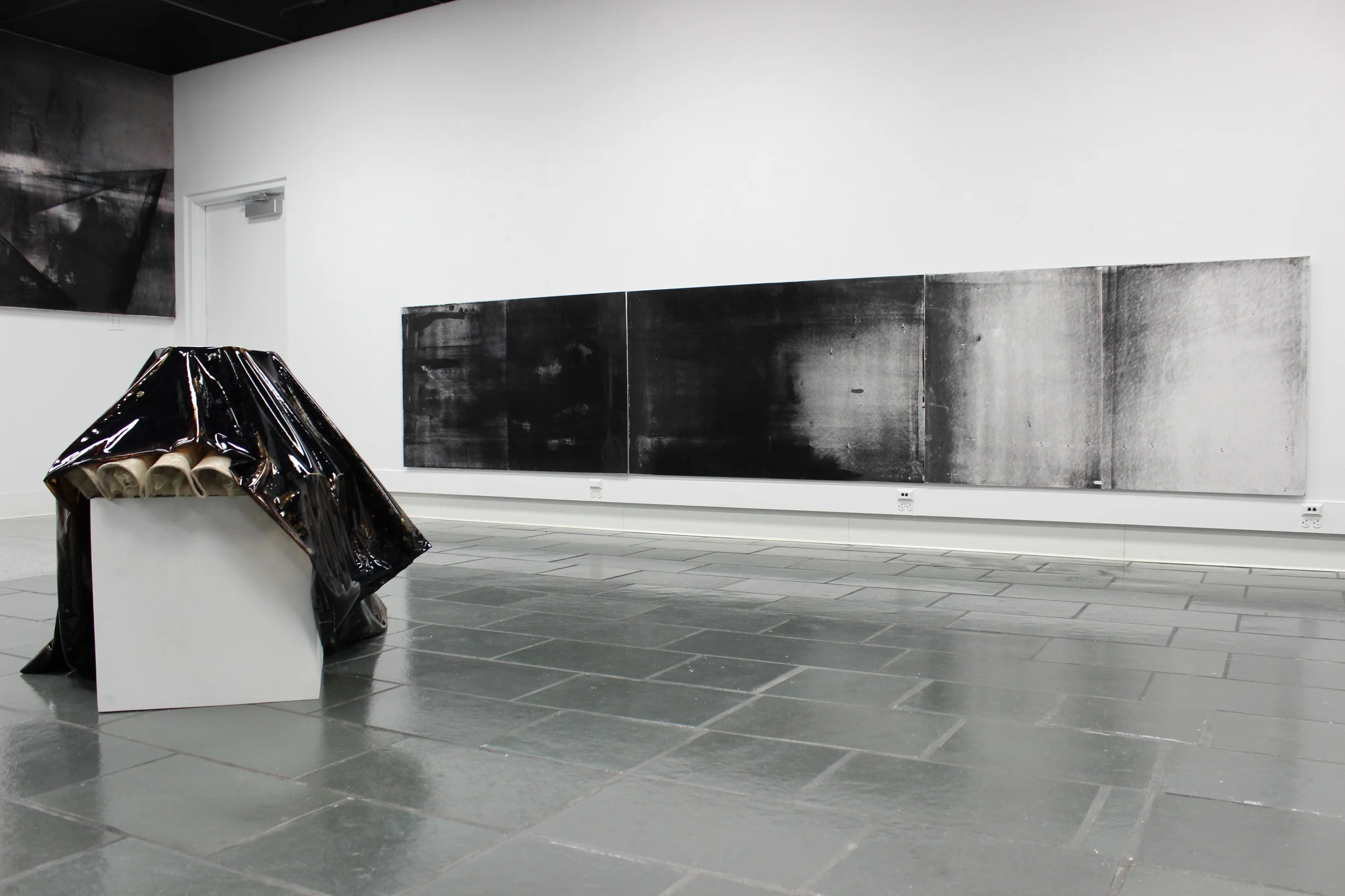   Foreground :&nbsp;Liquid tar encapsulated in vinyl, gallery pedestal, found object (lamp shade)   Background : Acrylic paint, powdered toner, graphite, cement-board 