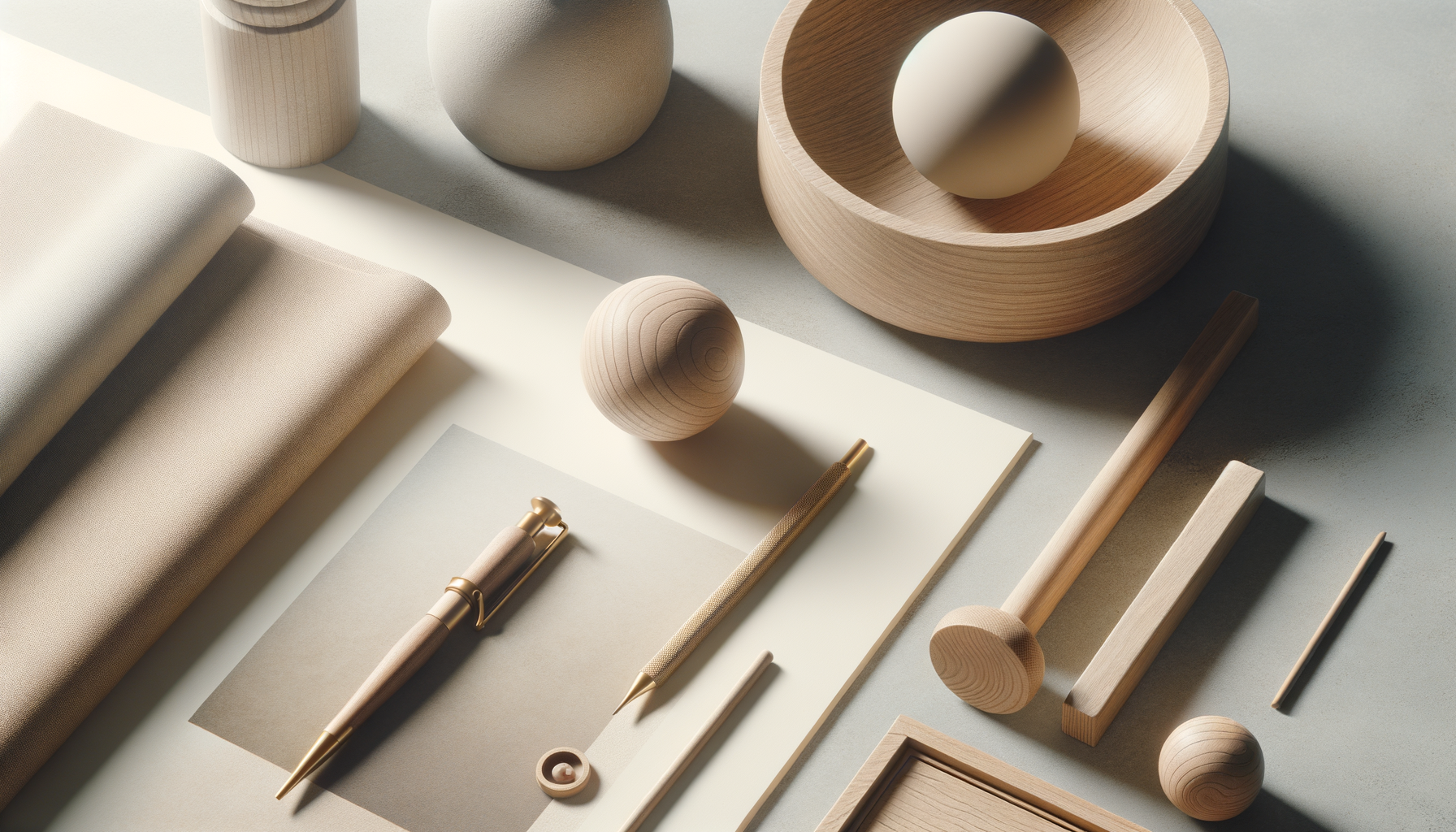Minimalist wooden desk accessories including bowls, spheres, pens, and stationery on a light surface with natural sunlight.