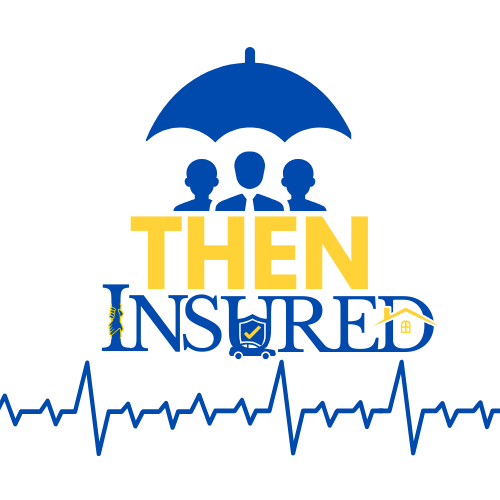 Graphic with the words "Then Insure" beneath silhouettes of three people under an umbrella, with a heart monitor line running across the bottom.