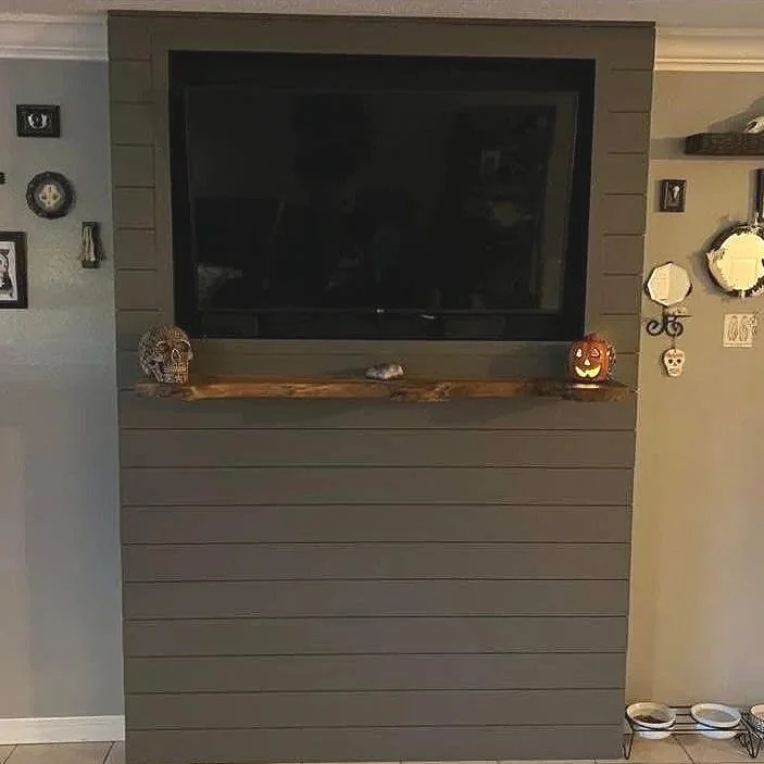 Living room wall with a mounted flat-screen TV, a decorative wooden shelf holding a skull, a pumpkin, and a small stone, and various small decorative items on the adjacent wall.