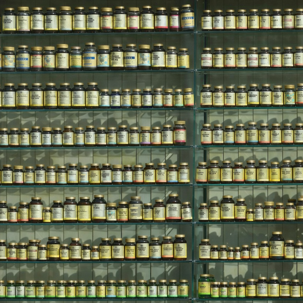 Shelves with numerous jars of dietary supplements or vitamins, labeled with different names and ingredients, arranged in rows and columns.