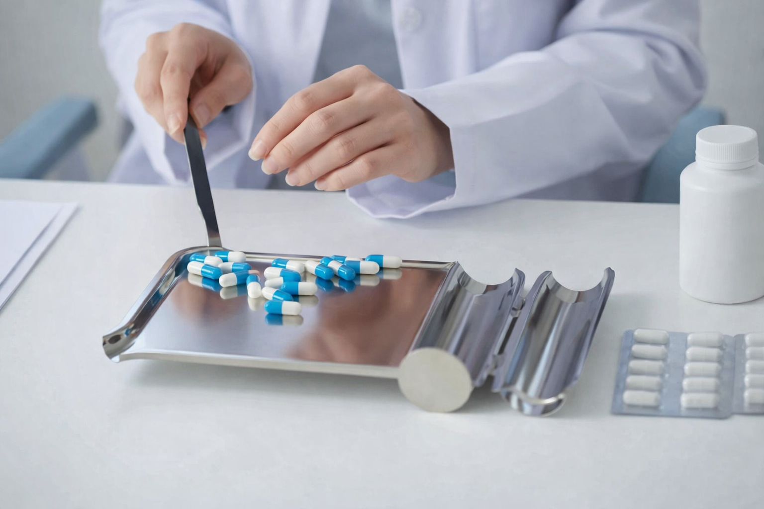 Person in a white lab coat sorting blue and white capsules on a stainless steel tray, with a white bottle and blister pack nearby.