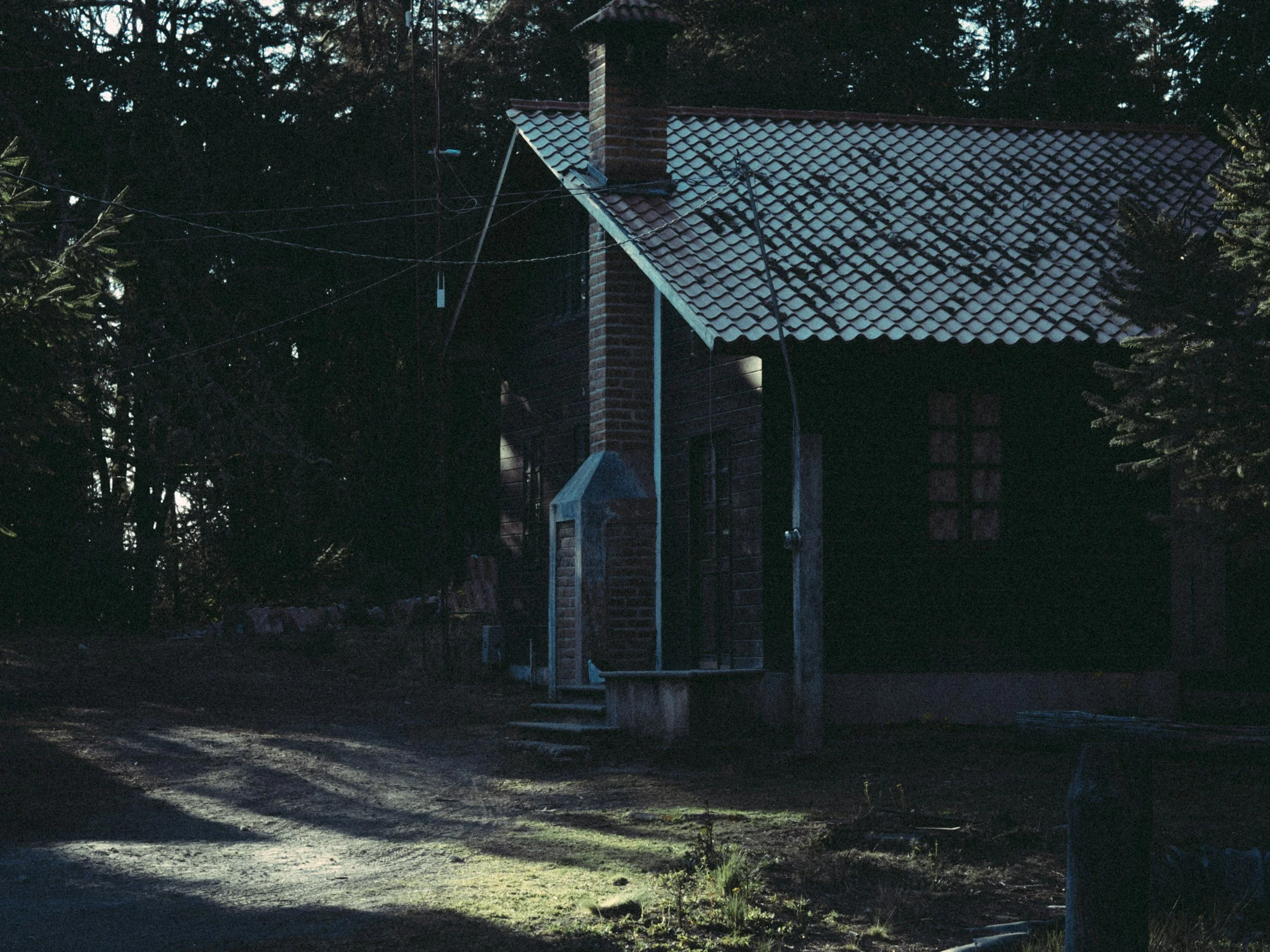 A dark, old brick house with a tiled roof, chimney, and window, surrounded by trees and power lines, at dusk.
