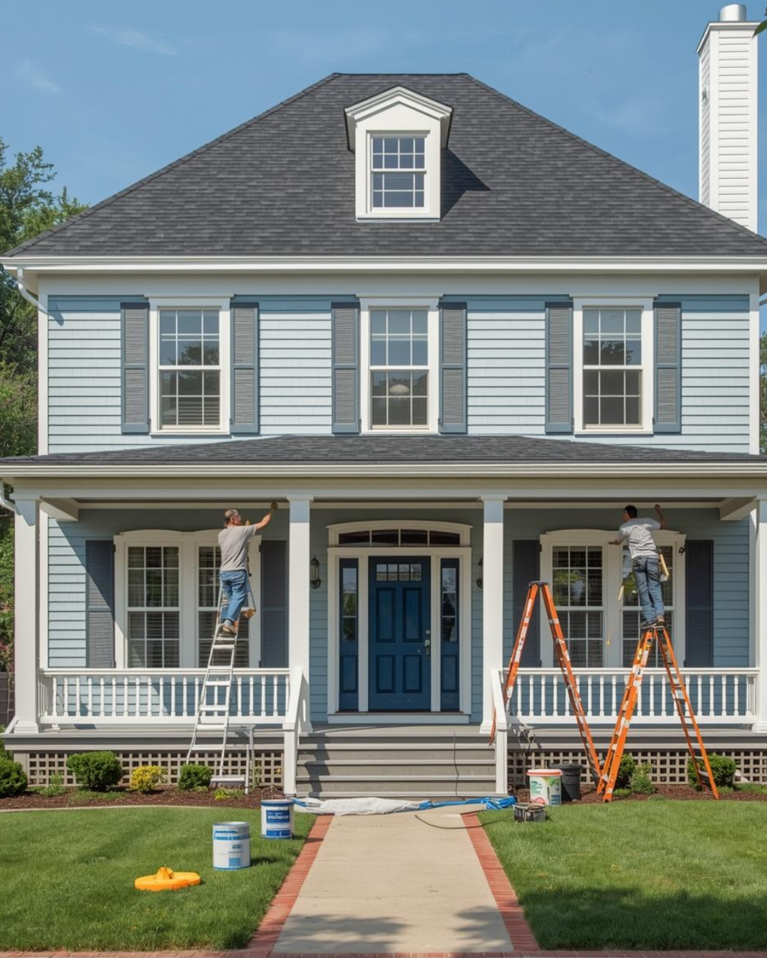 Example of a blue house exterior with white trim during painting