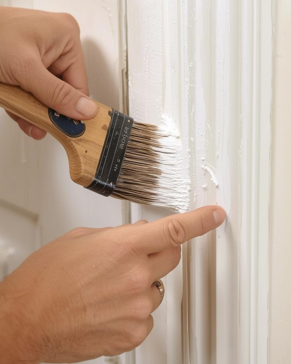 Close-up example of painting white trim with a brush