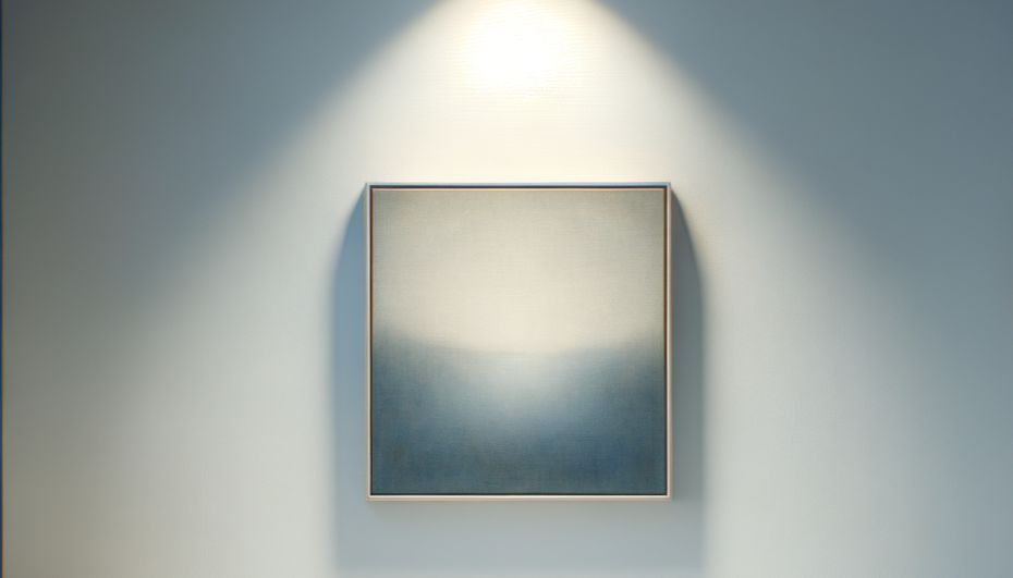 A framed abstract painting with a gradient from light beige at the top to dark blue at the bottom, hanging on a wall with spotlight lighting.