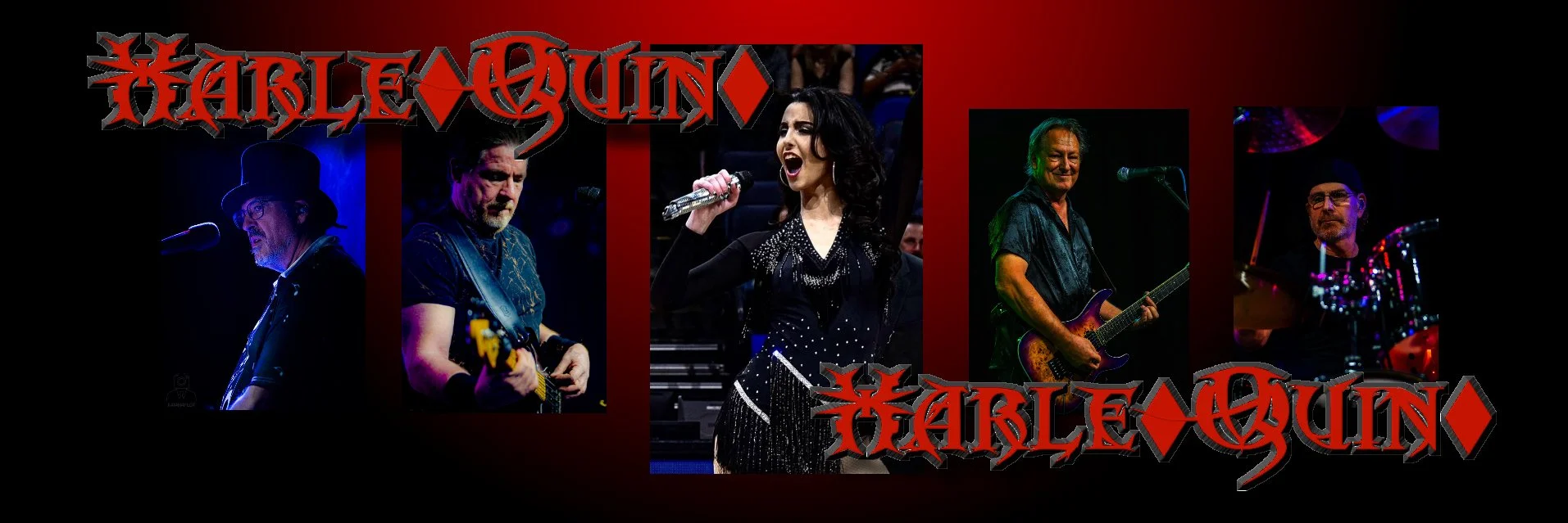 Collage of five musicians performing and a central woman singer, with red and black 'Harlequin' text overlay.
