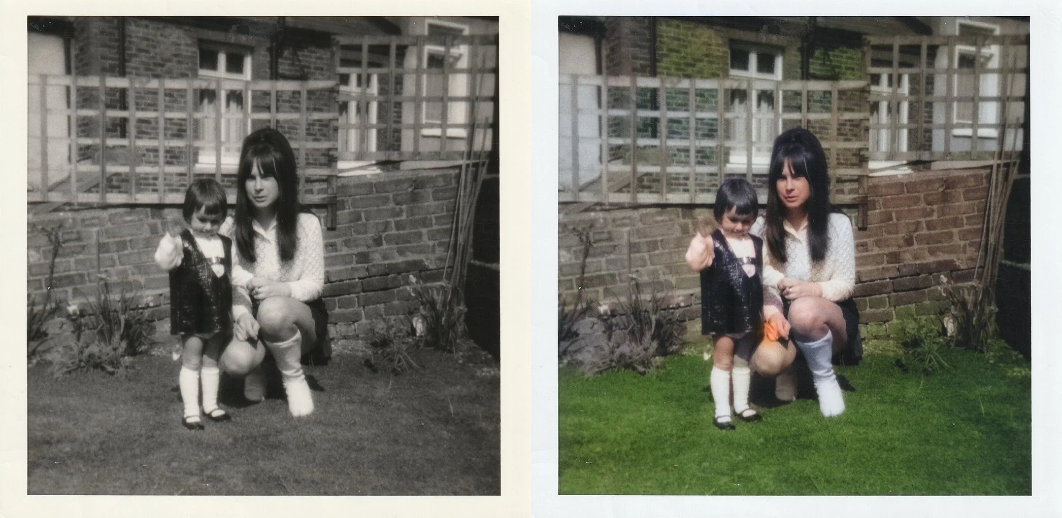 Comparison of two photographs, one in black and white and the other in color, showing a woman with long dark hair sitting on the grass with a young girl. The woman is dressed in a patterned long-sleeve shirt, and the girl is wearing a dark dress with white knee-high socks. They are in front of a brick wall, with a garden bed and window behind them. The color photo on the right shows greener grass and some moss or lichen on the brick wall.