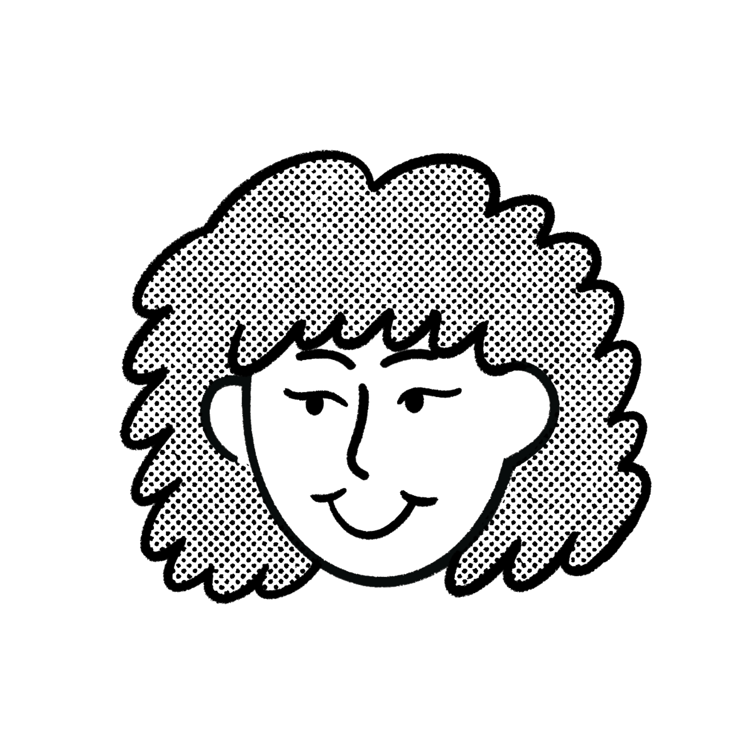 Line drawing of a smiling person's face with curly hair on a black background.