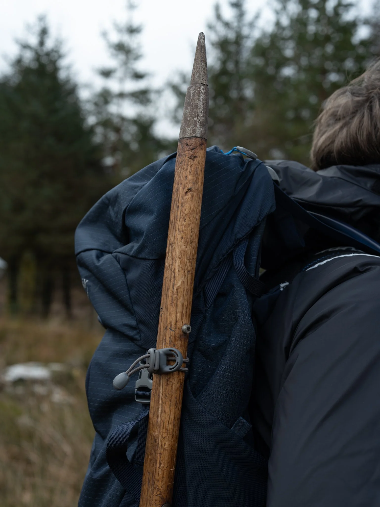 Person hiking outdoors carrying a walking stick or trekking pole, with a backpack, in a forested area.