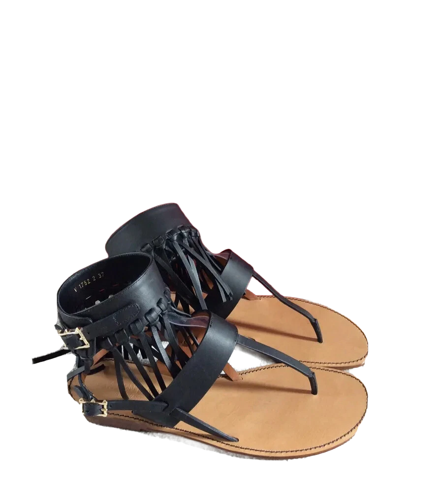VALENTINO GARAVANI BLACK FRINGED LEATHER GLADIATOR THONG SANDAL 37