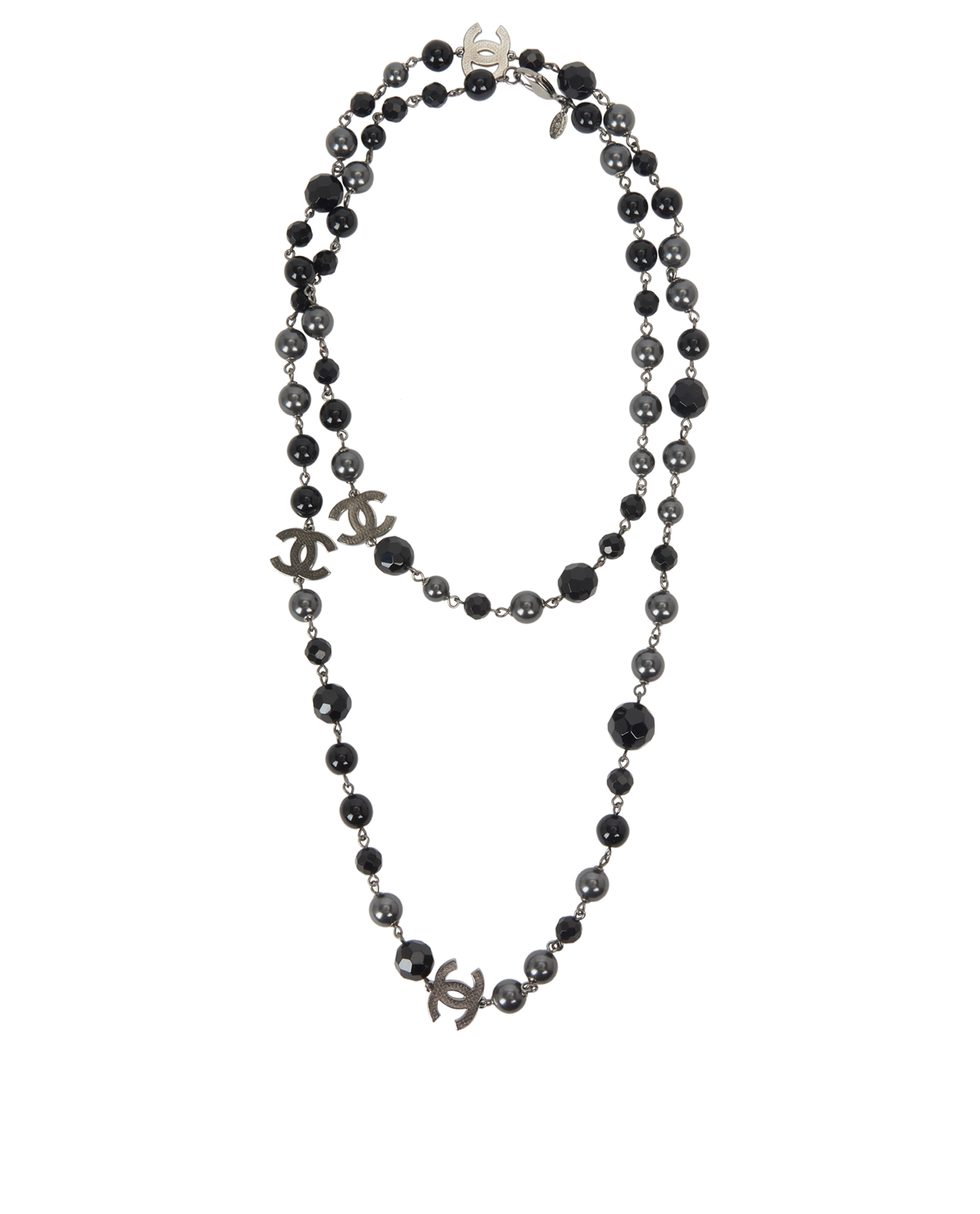 CHANEL BLACK GREY CC LOGO LONG GRIPOIX NECKLACE