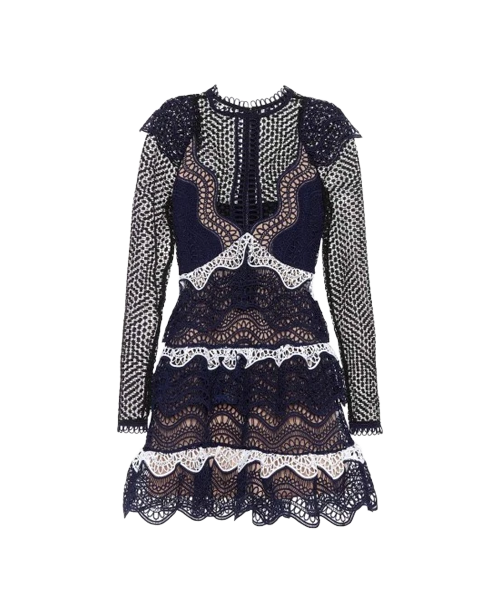 Self Portrait NAVY BLUE -  BLACK MESH RUFFLE LONG SLEEVE MIDI DRESS UK14 US10 M/L