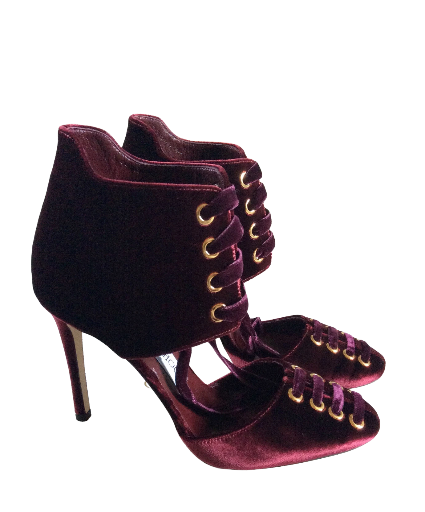 JIMMY CHOO MARI BURGUNDY WINE RED VELVET LACE-UP PUMPS HEELS 36