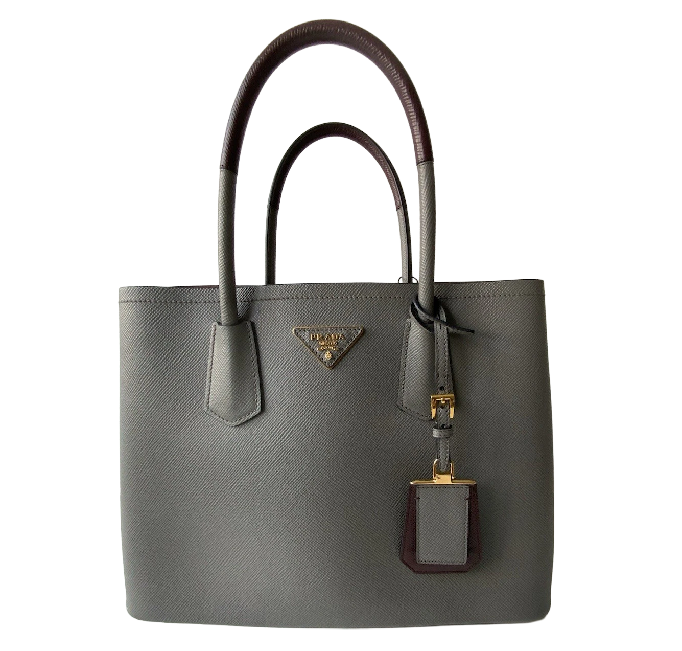 PRADA SAFFIANO GREY/BURGUNDY MEDIUM LEATHER DOUBLE HANDLE TOTE