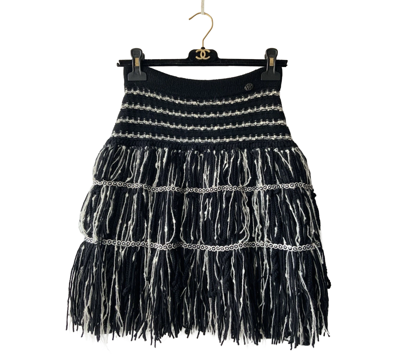 CHANEL RUNWAY FALL-WINTER 2010 BLACK/WHITE FRINGE WOOL SKIRT - SIZE 38