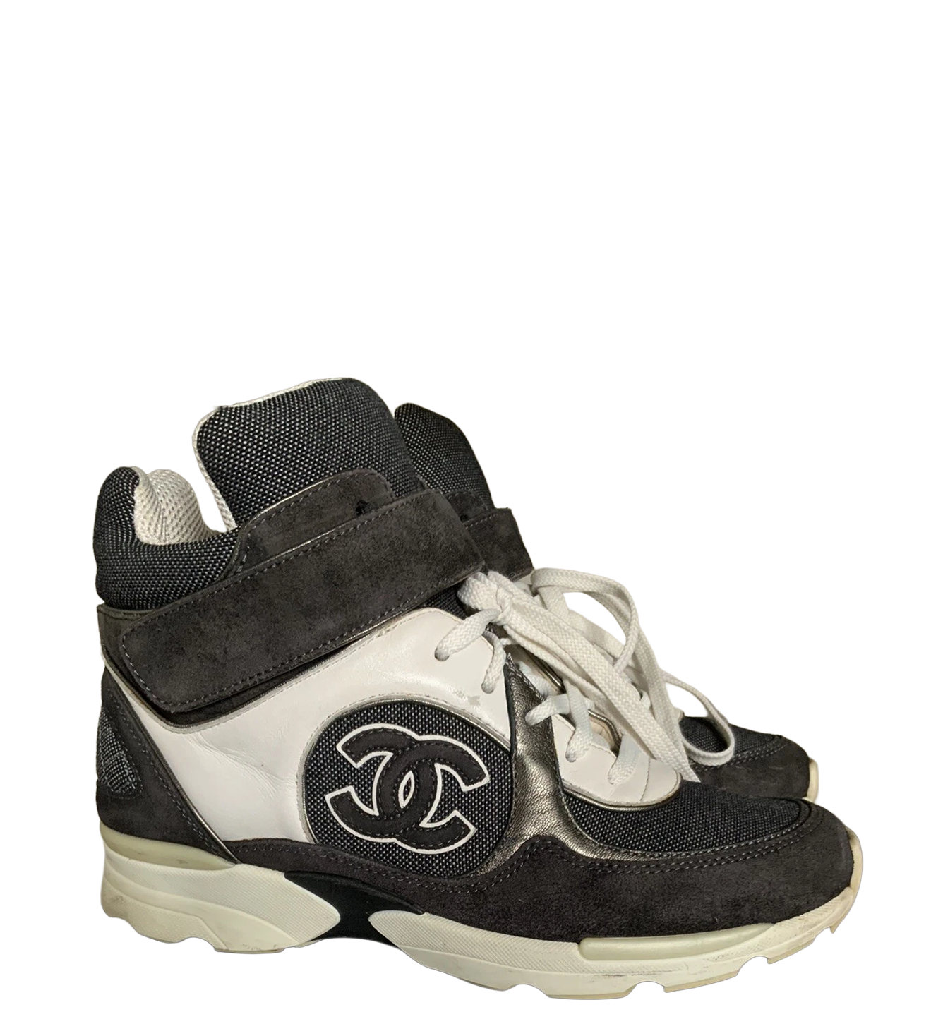 CHANEL BLACK GREY BLACK CC LOGO HIGH TOP SNEAKER TRAINERS 36.5