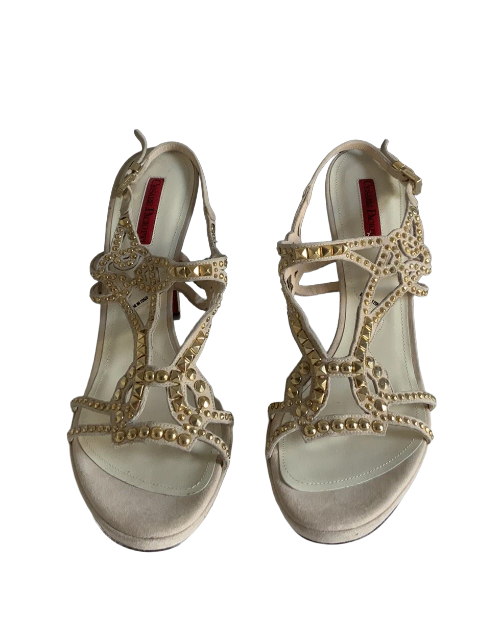 CESARE PACIOTTI NUDE SUEDE LEATHER GOLD STUDDS STRAPPOY HEELS SZ 41 New!