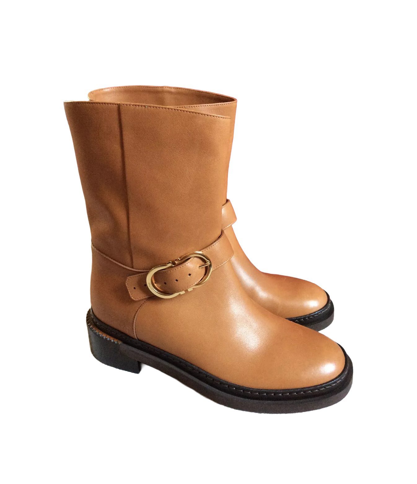 SALVATORE FERRAGAMO TAN LEATHER GOLD BUCKLE SHORT BOOTS 36.5