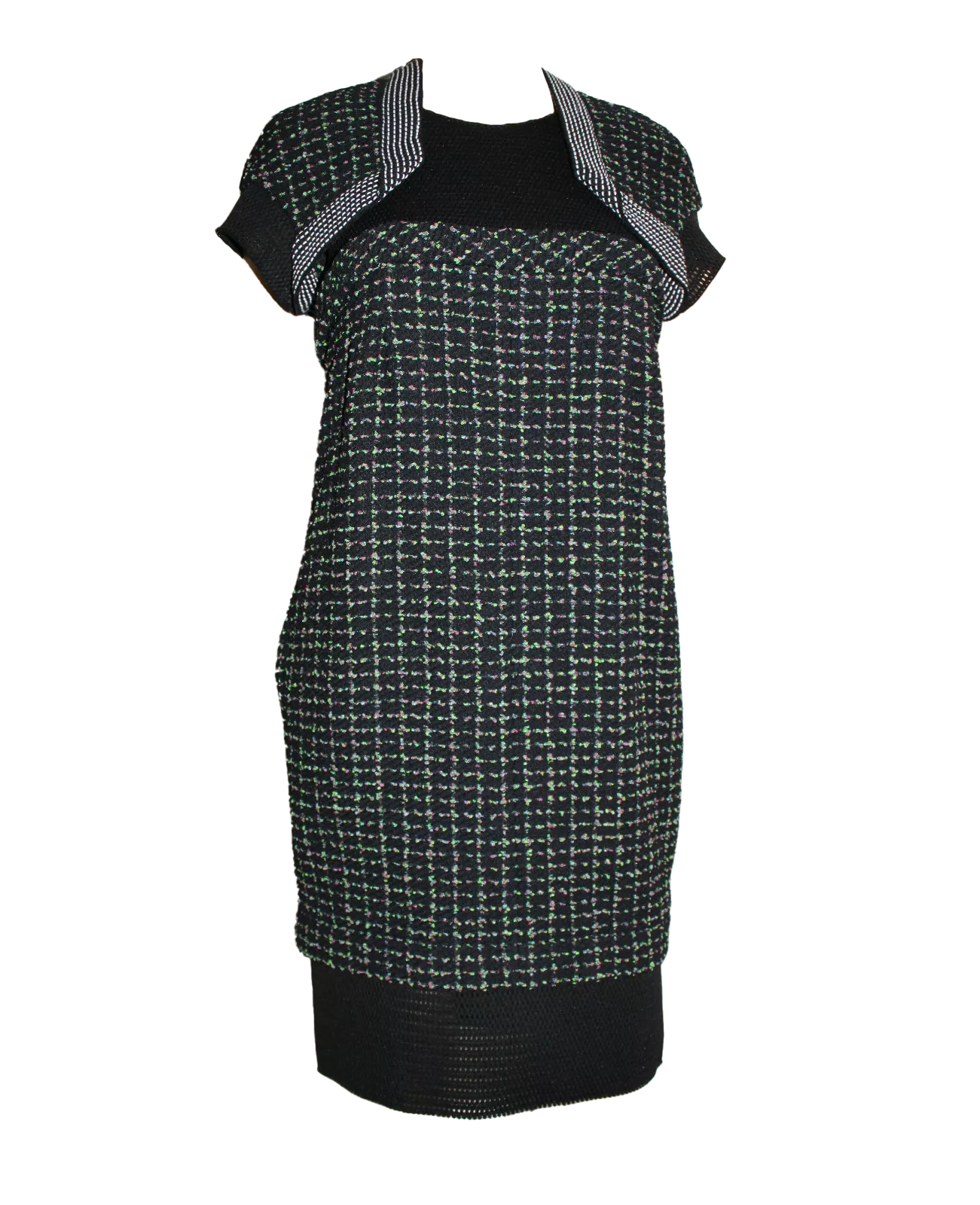 CHANEL BLACK AND GREEN WOOL BOLERO KNIT DRESS - SIZE 36 