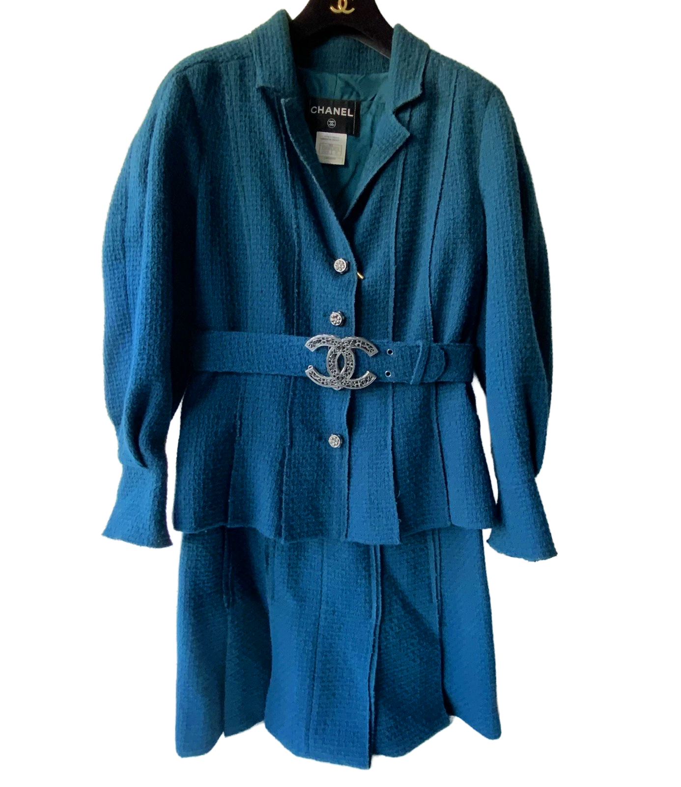 CHANEL GREEN WOOL LARGE CC BELT BUCLE SKIRT SUIT - SIZE 40 VGC