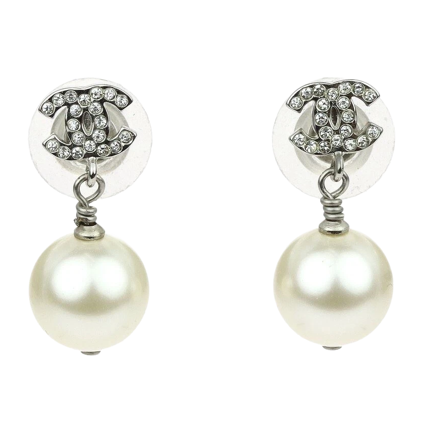 CHANEL CLASSIC SILBVER CRYSTAL CC WHITE PEARL EARRINGS