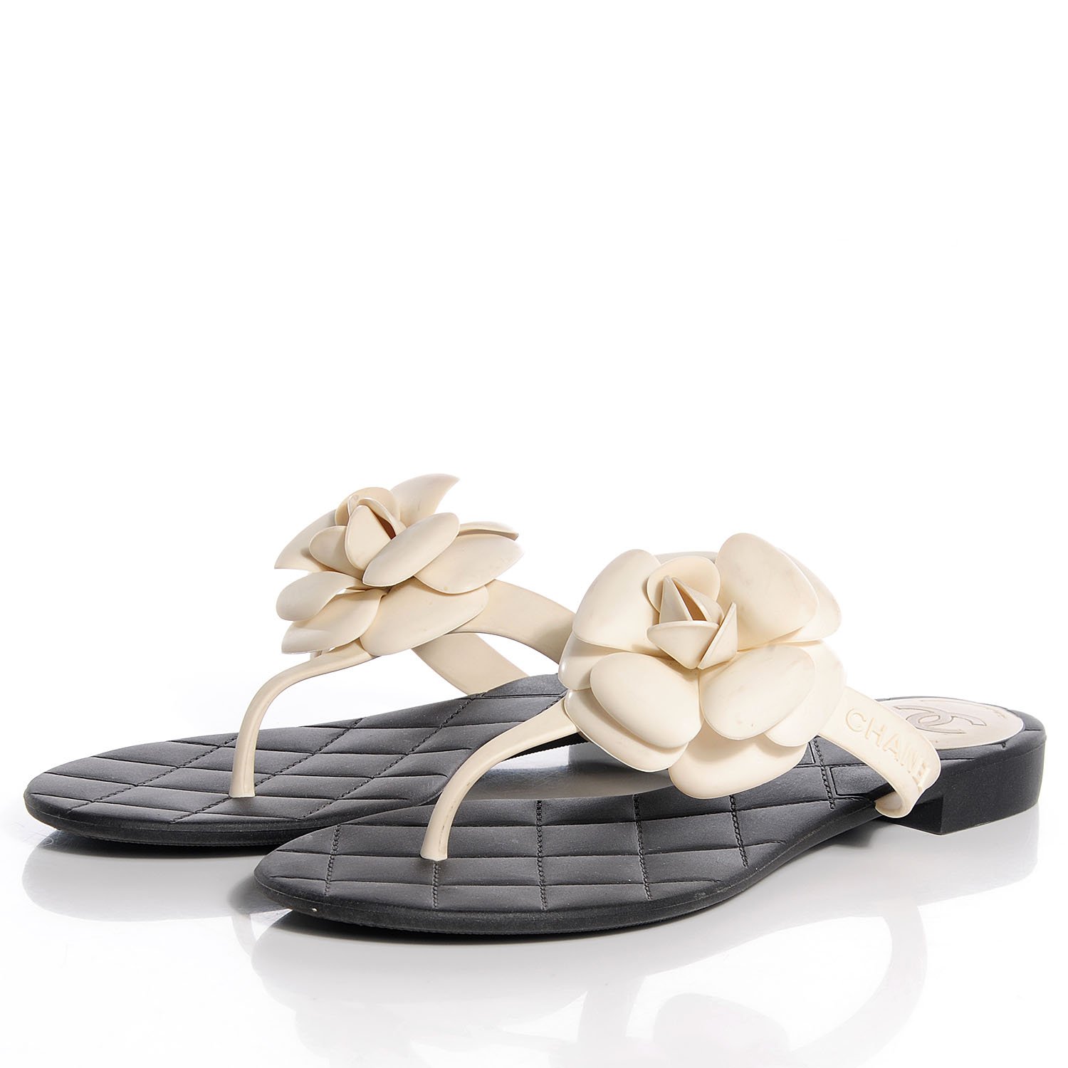 CHANEL CLASSIC BLACK BEIGE CAMELLIA FLOWER THONG SANDALS 37