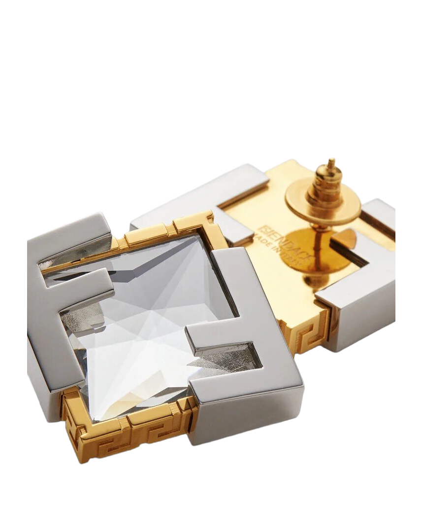 FENDACE GG LOGO SILVER GOLD CRYSTAL EMBELLISHED STUDDED EARRINGS NEW AUTH!!