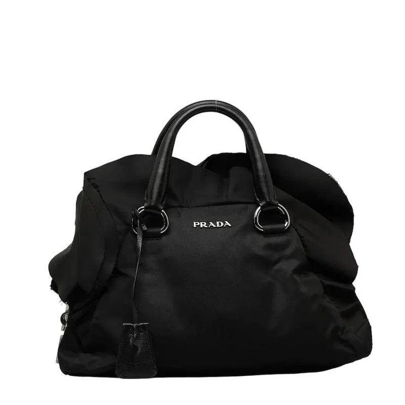 PRADA TESSUTO BLACK NYLON RUFFLE TOTE HANDBAG