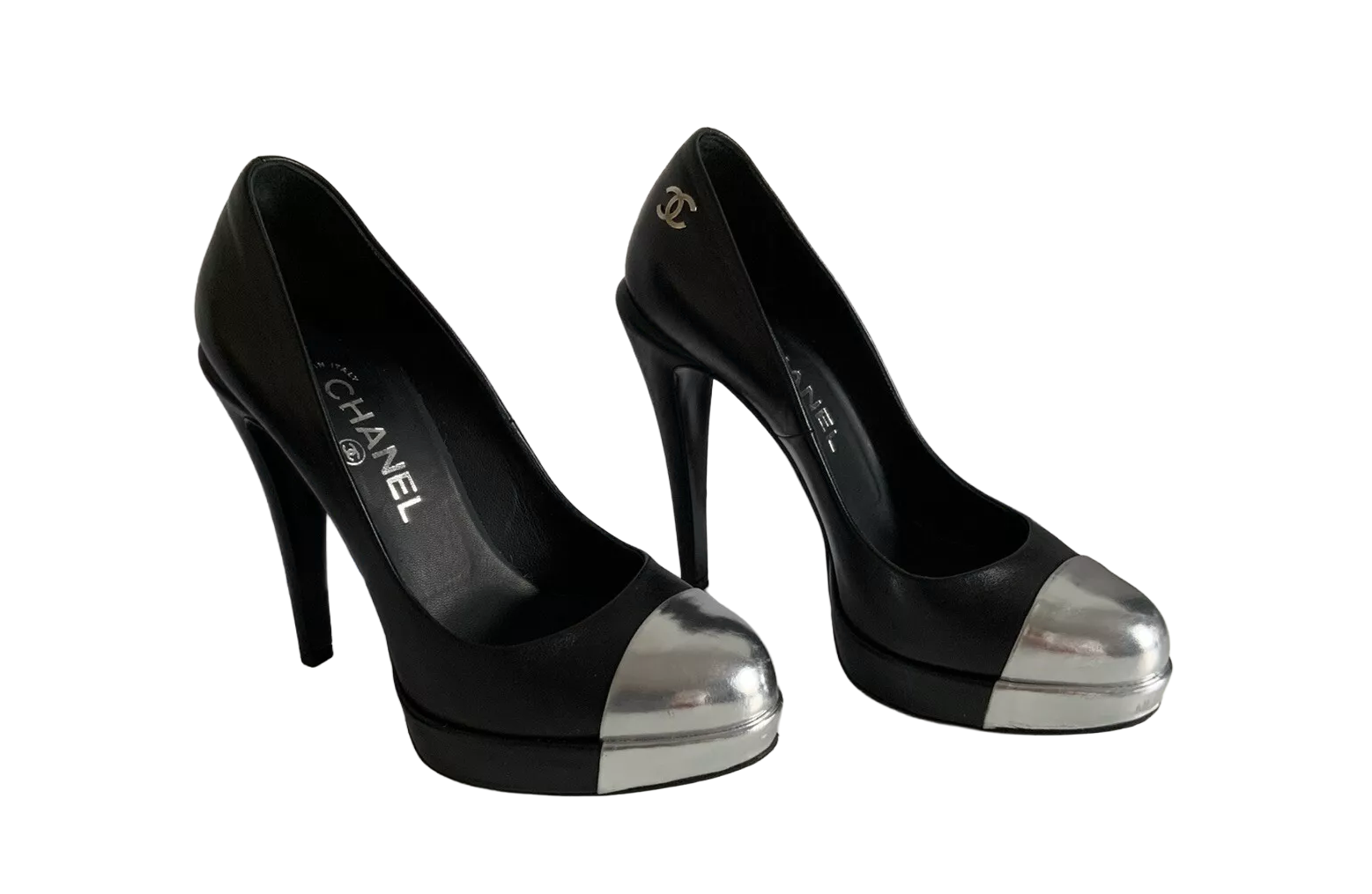 CHANEL BLACK SILVER TWO TONE PLATFORM PUMPS -  SIZE 38