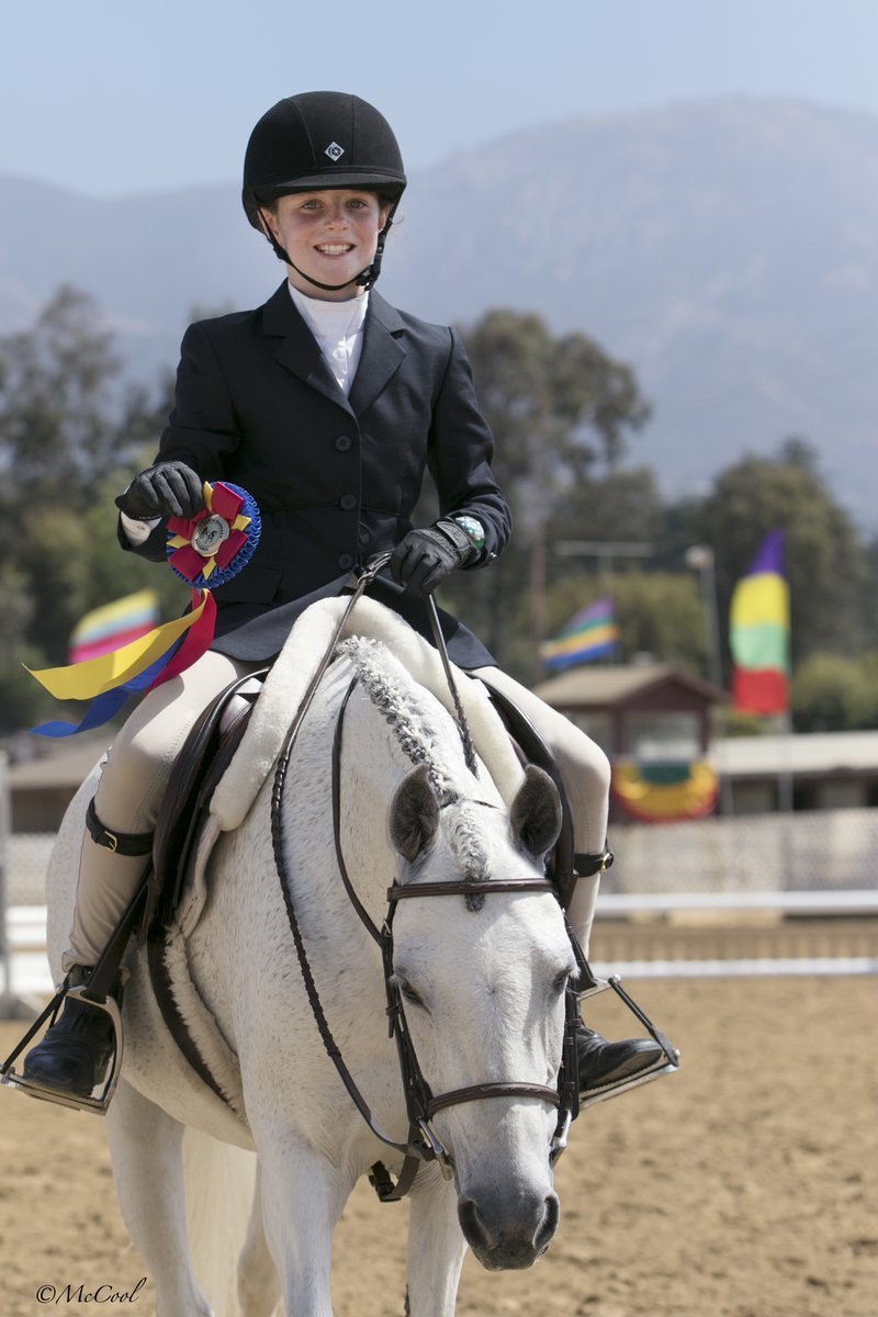A young girl in riding attire, including a black helmet and jacket, sits on a white horse with decorative braids, holding a colorful ribbon award, during an outdoor equestrian competition or event.