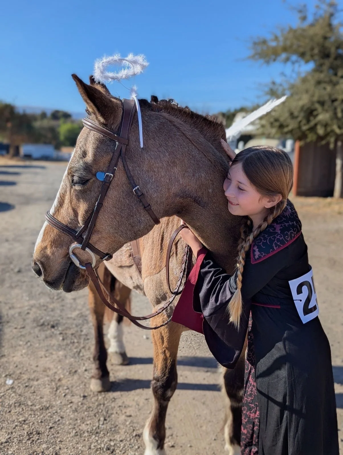 A girl with a side braid hugging a horse, wearing a black gown with burgundy accents and a white number 2 on her sleeve, in an outdoor setting with a dirt ground and trees in the background.