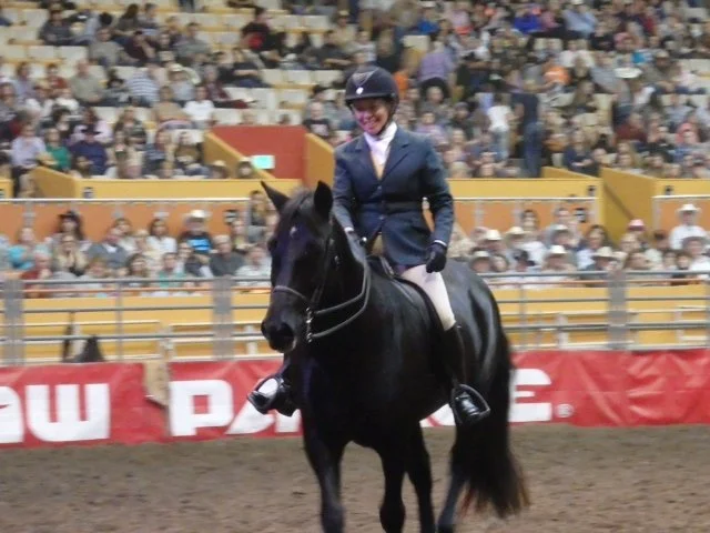 A woman in equestrian riding attire riding a black horse in an indoor arena, with spectators in the stands.