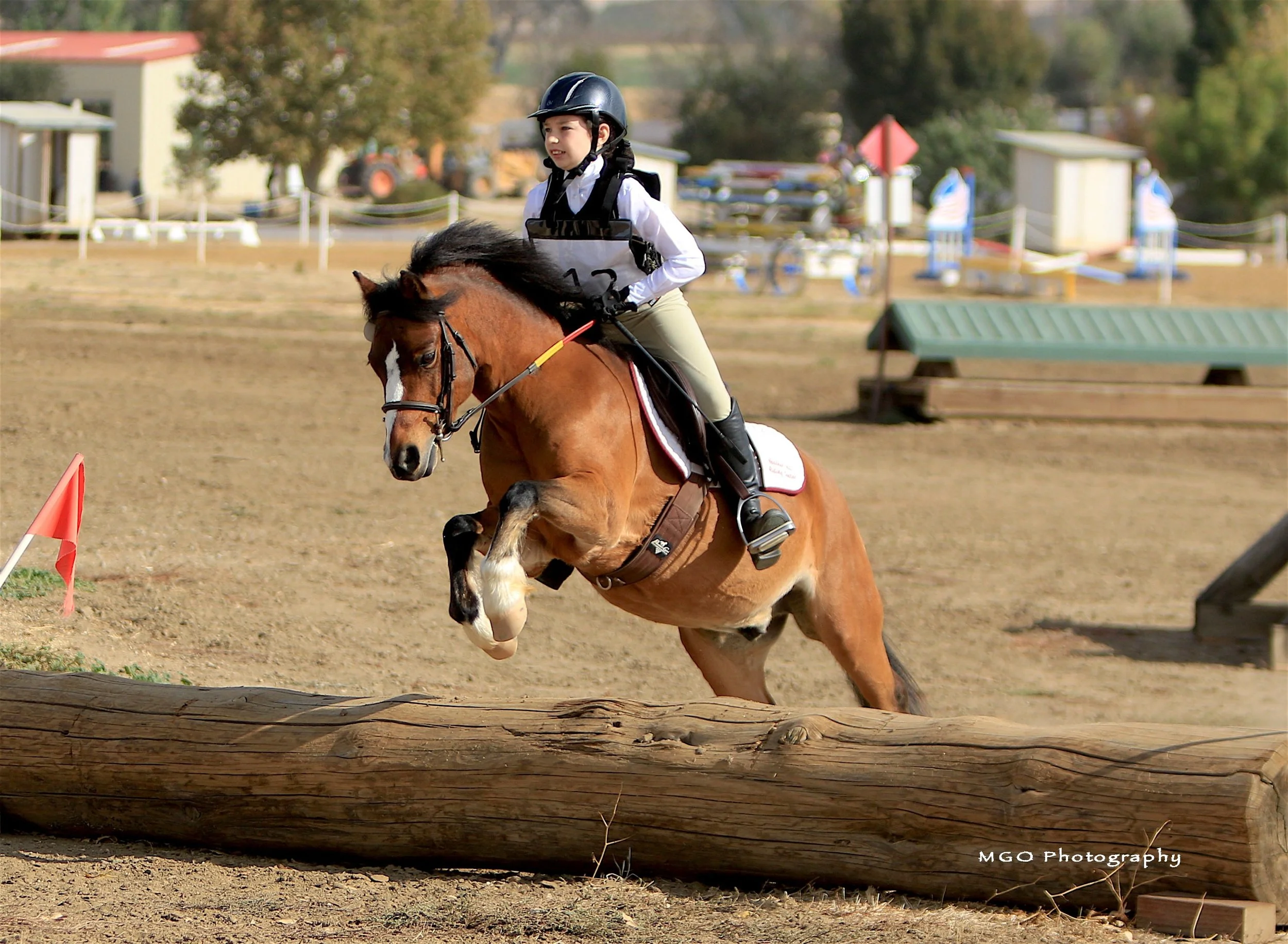 A young girl riding a brown horse over a log obstacle during a horseback riding competition in an outdoor arena.