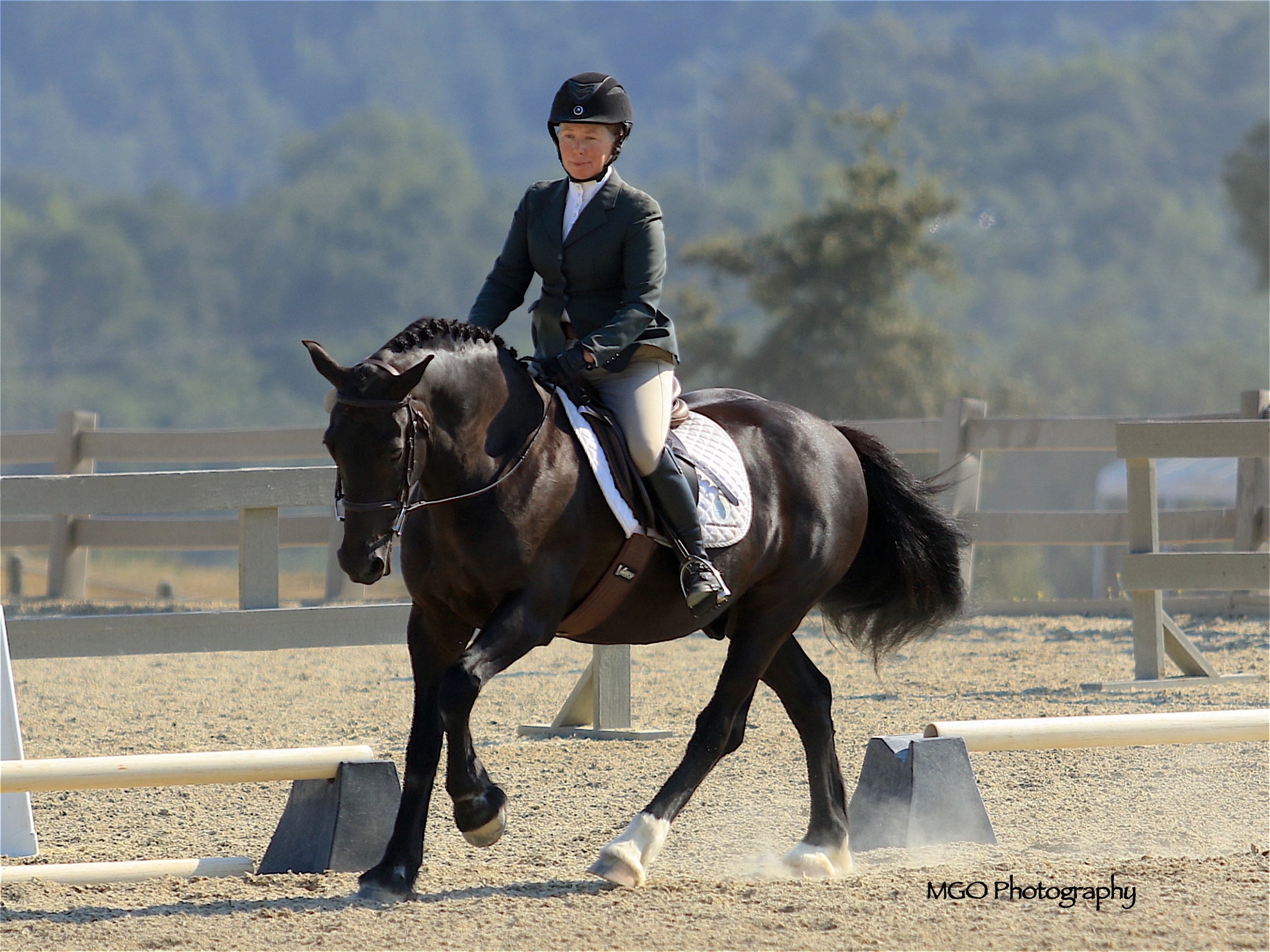 A woman riding a dark brown horse during a competition on an outdoor arena with fencing and trees in the background.