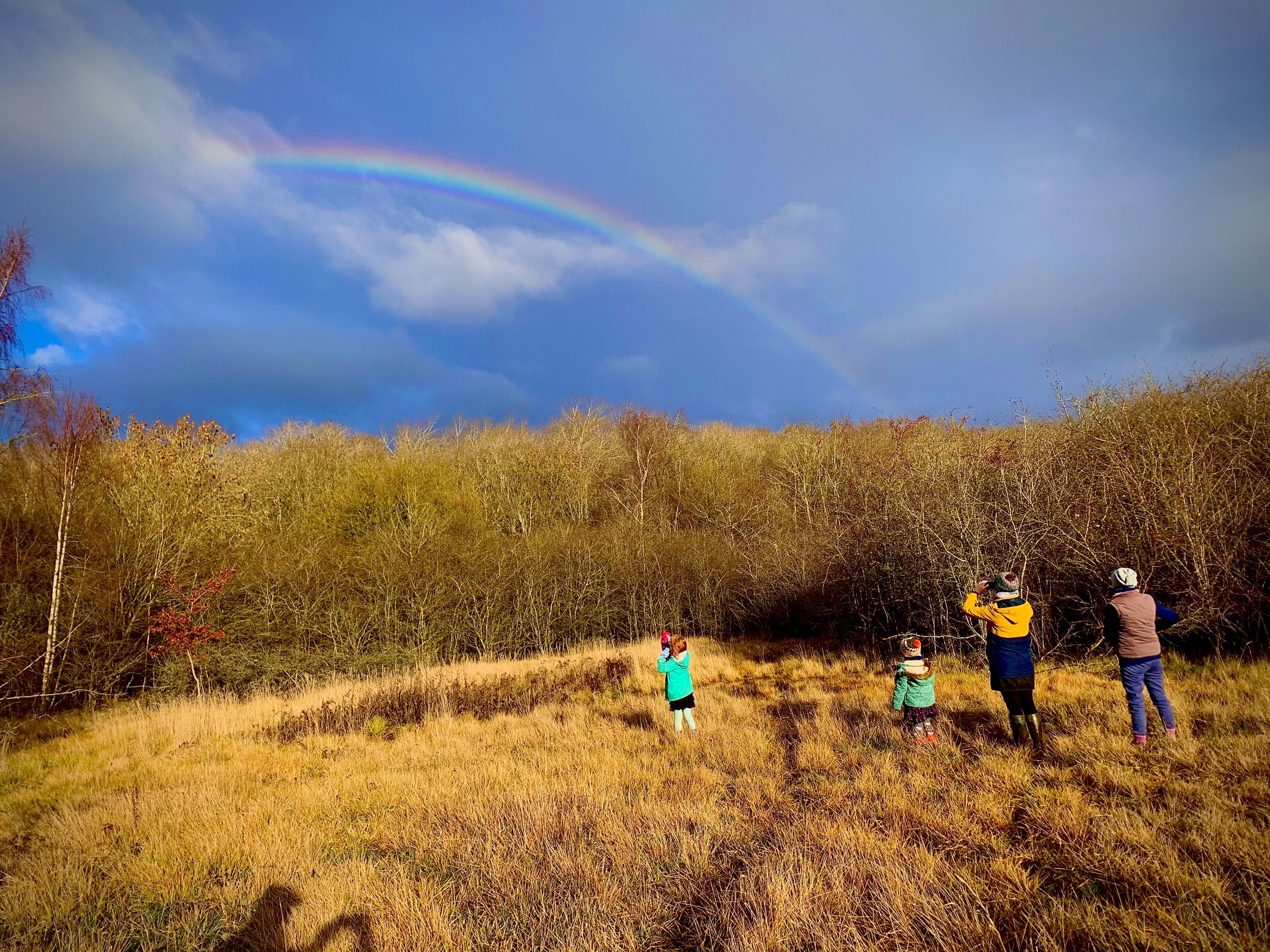 Family of five taking photos of a rainbow over a grassy field and trees on a partly cloudy day.