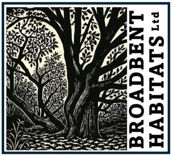 Black and white logo featuring a large tree with sprawling branches and smaller trees in the background, with the text 'BROADBENT HABITATS LTD' vertically aligned along the right side.