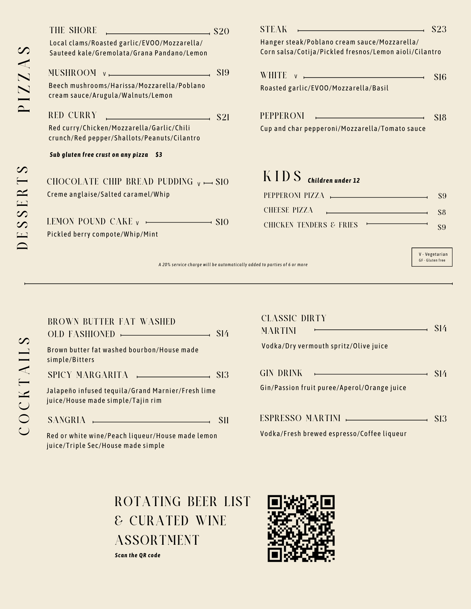 Menu with pizza options, including The Shore, Mushroom, Red Curry, Steak, White, and Pepperoni, and dessert options, kids menu, and cocktail drinks.