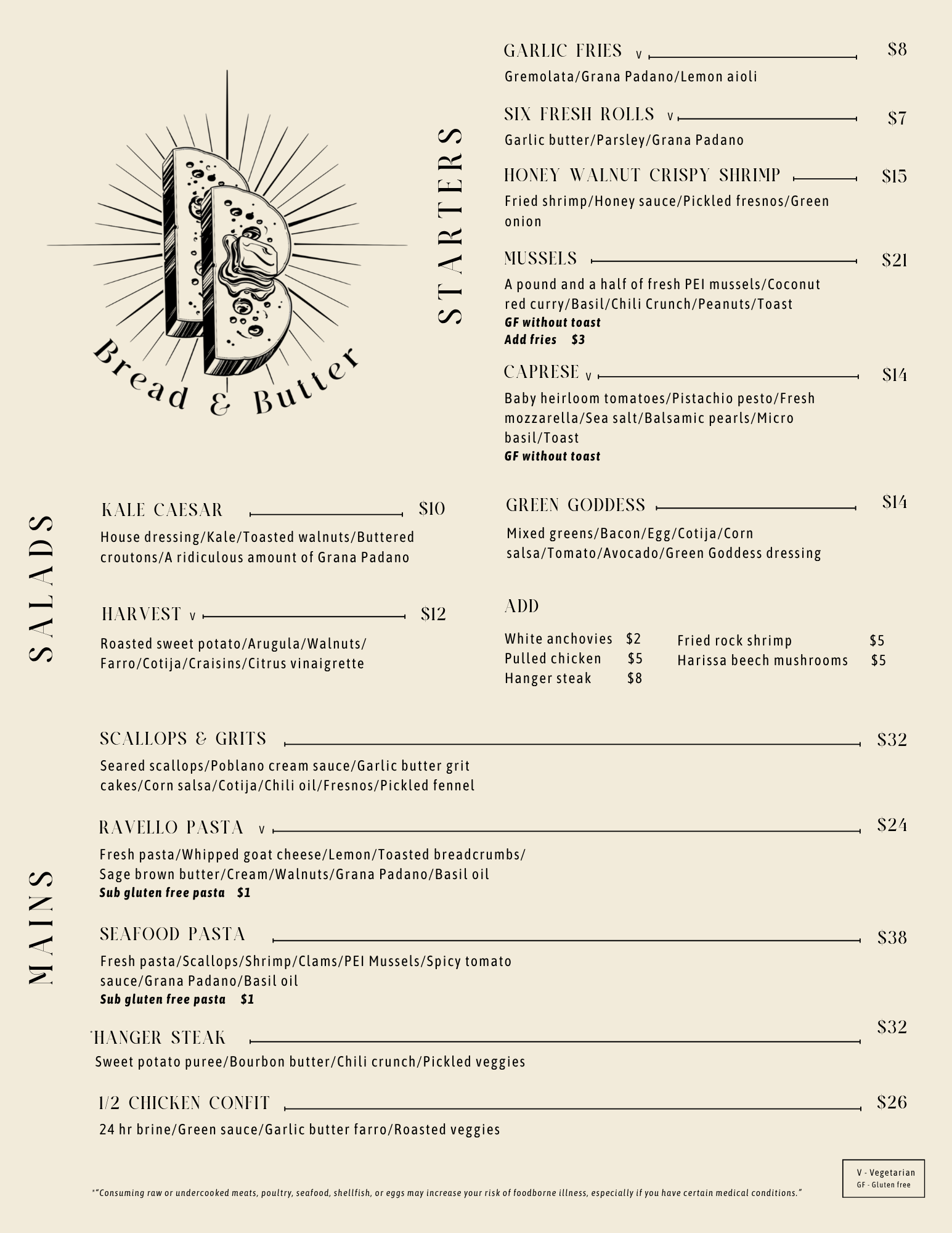 Menu for Bread & Butter restaurant with sections for Starters, Salads, and Mains, featuring items like garlic fries, fresh rolls, mussels, caprese, and various pasta and seafood dishes, along with vegetarian and gluten-free options.