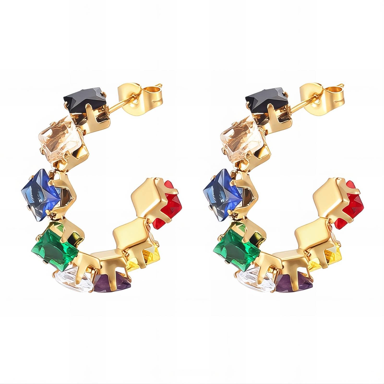 18K Gold Plated Stainless Steel " Rainbow" Jeweled Earrings