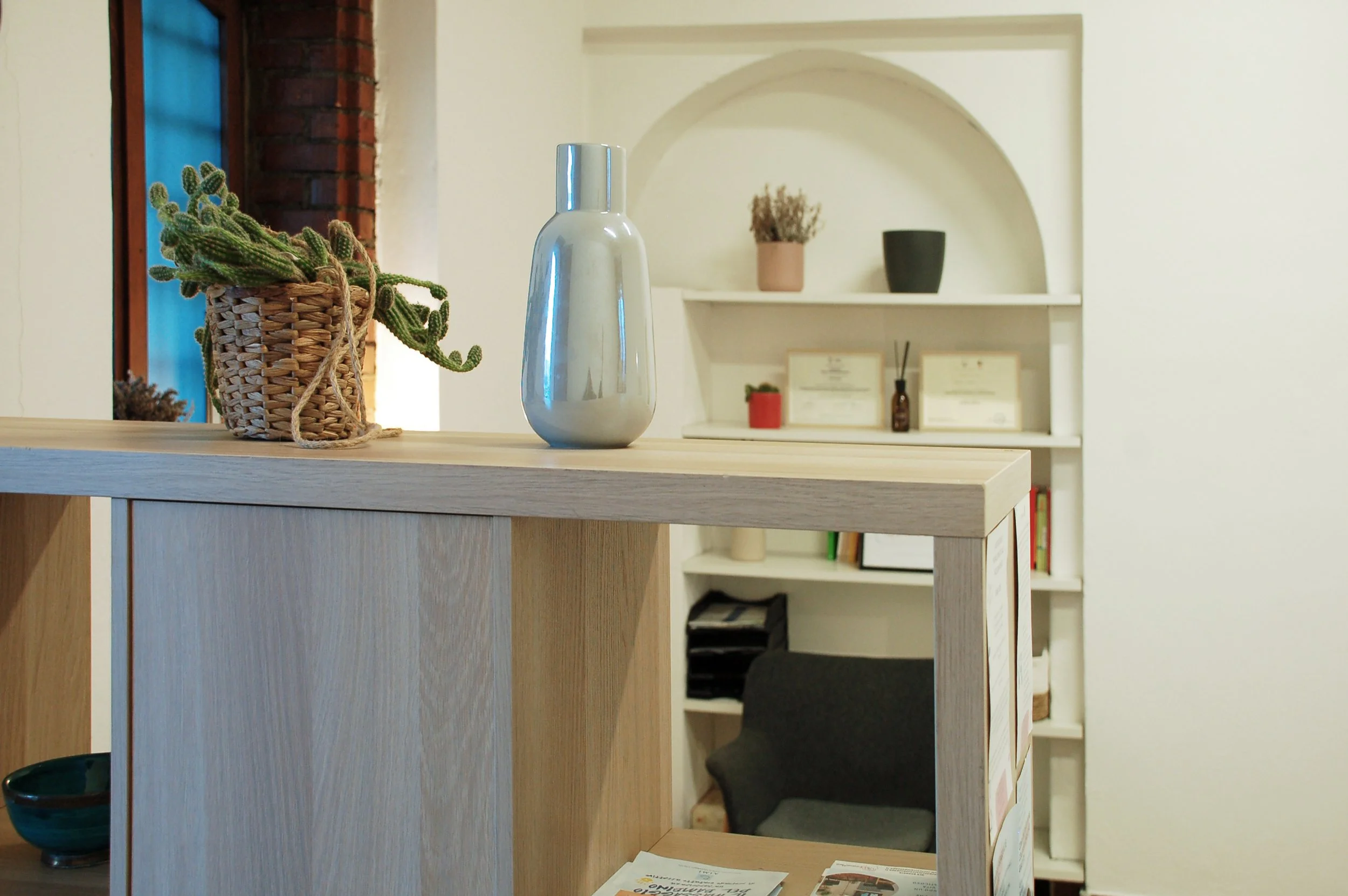 Interno con piante e vasi decorativi su uno scaffale bianco.