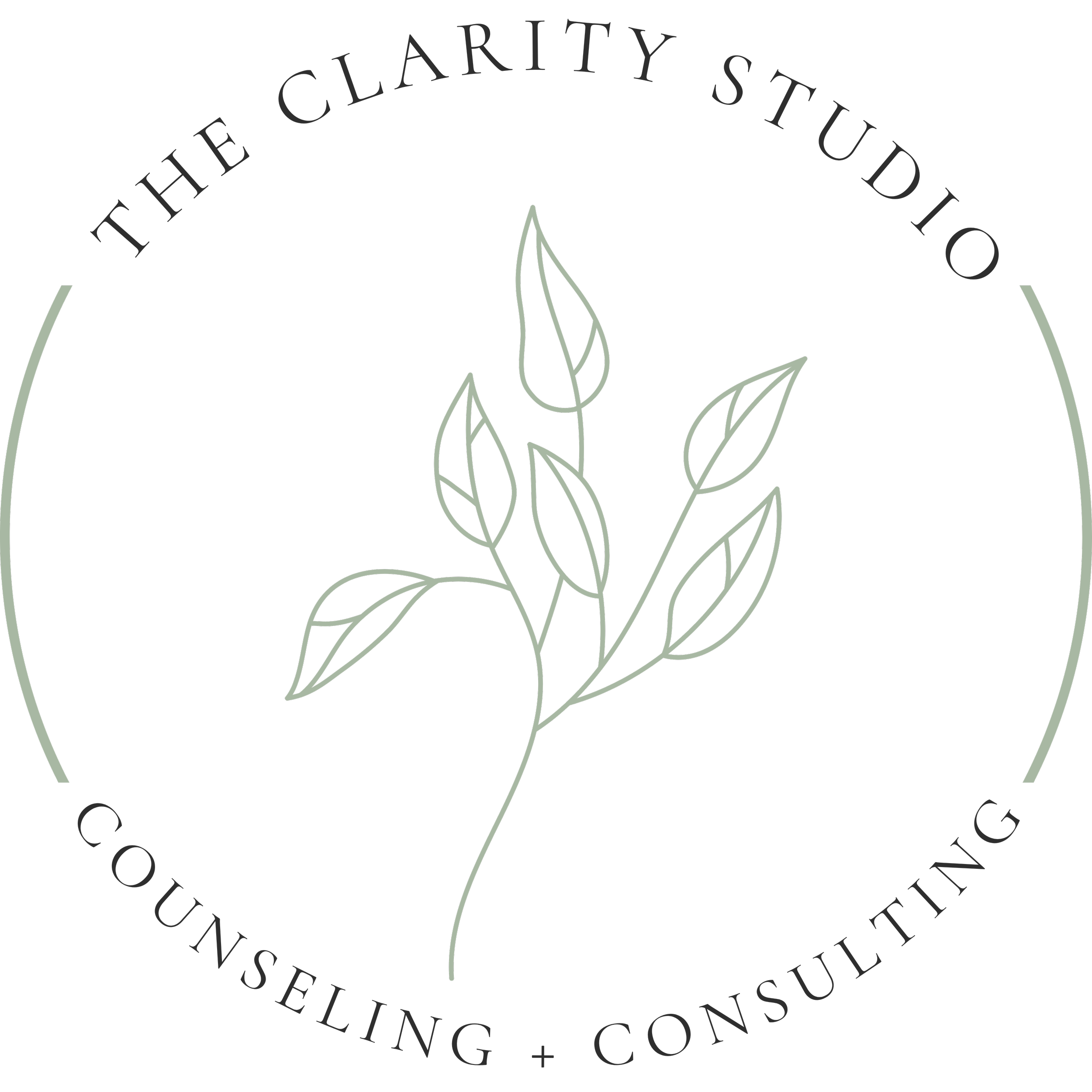 Logo for The Clarity Studio, featuring a minimalist design of a plant within a circular outline with the studio name curving along the top.