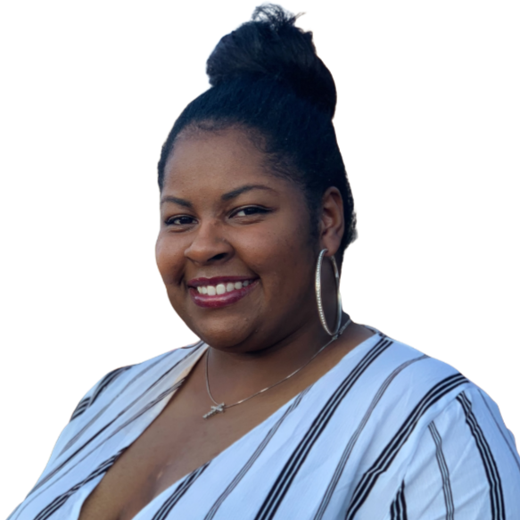 Smiling woman with hoop earrings and a striped top, against a plain background.