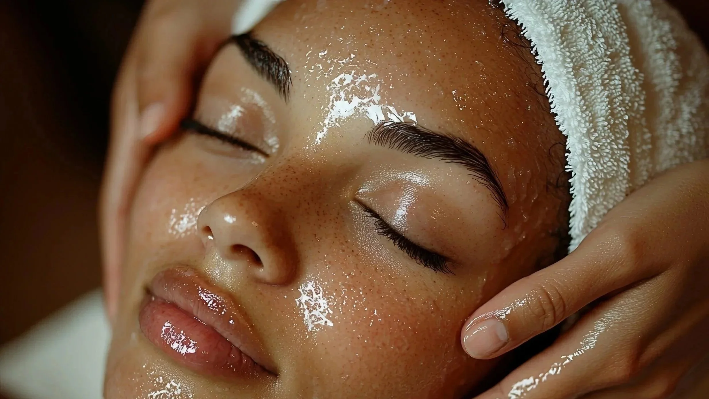 Close-up of a woman's face during a facial treatment, with her eyes closed, a towel wrapped around her head, and a person gently massaging her cheek. Chemical Peel