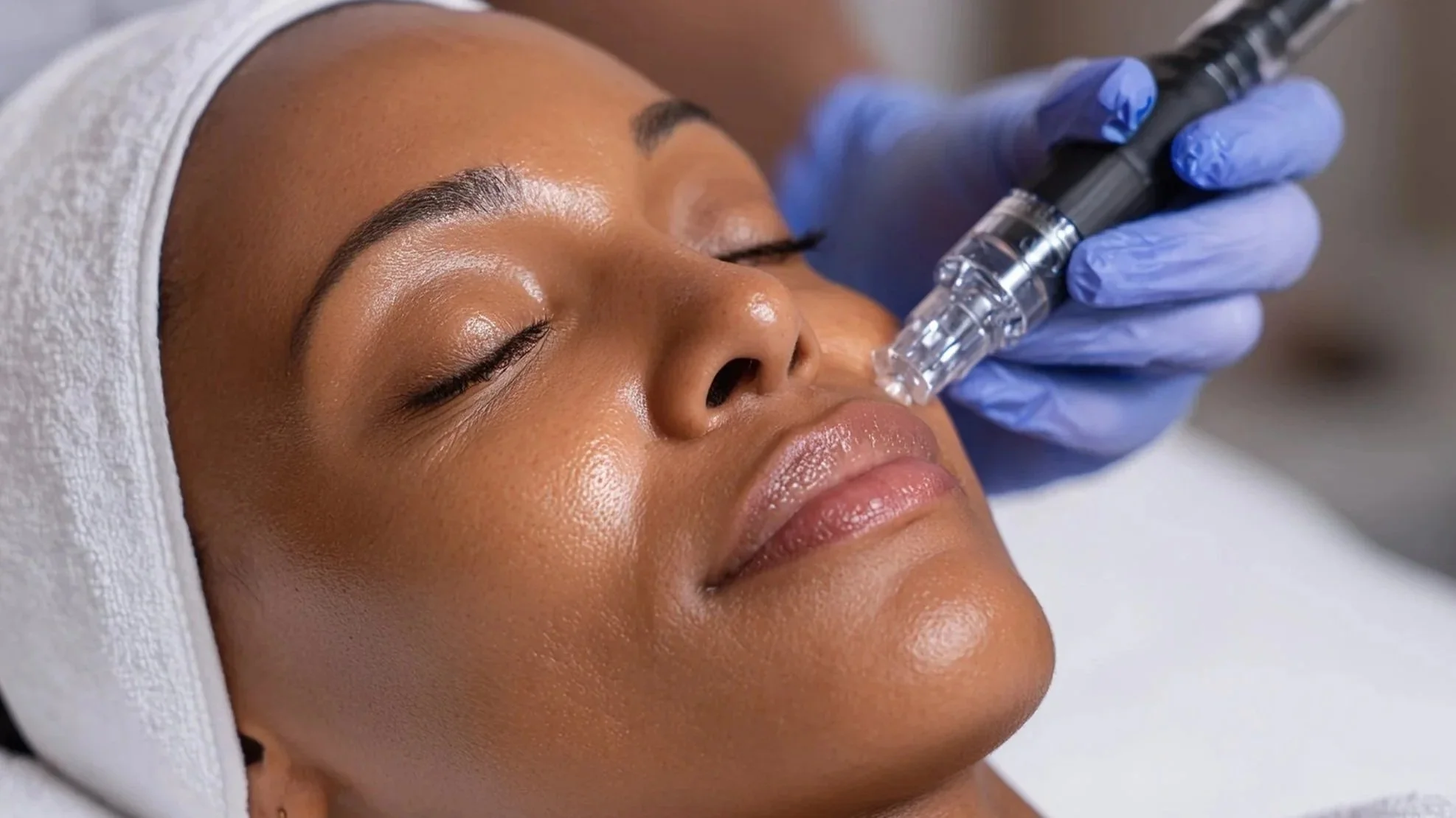 A woman receiving a facial treatment with a microneedling pen by a professional in a skincare clinic.